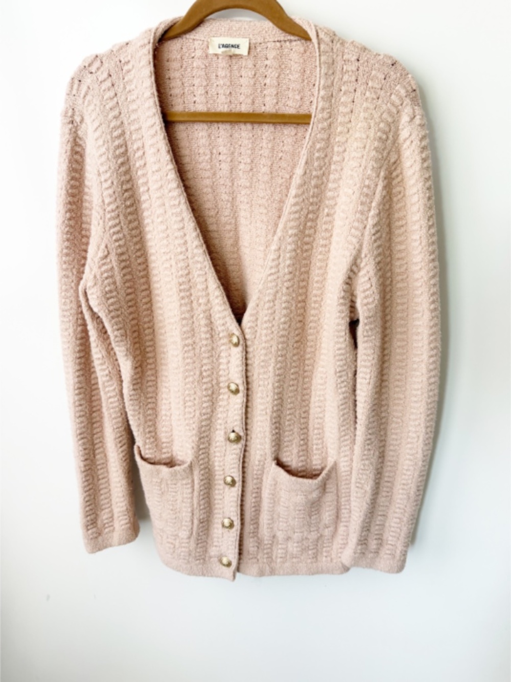 L'AGENCE Sue Textured Knit Longline Cardigan Pink Petal Gold Button M - Picture 4 of 9